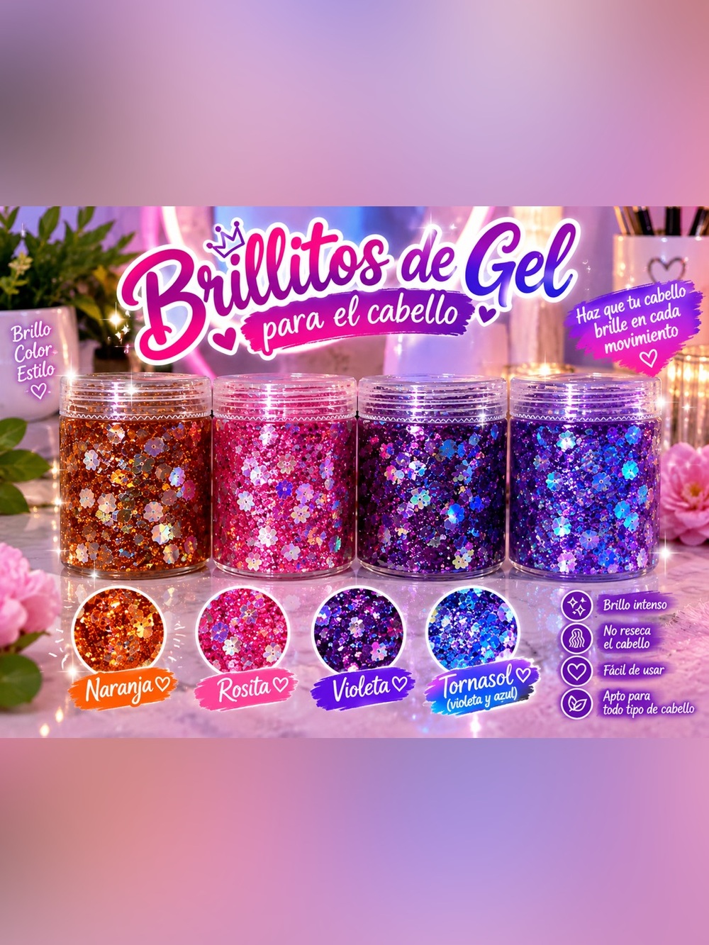 Brillitos de Gel para el Cabello - Rosita, Violeta y Tornasol Brillantes